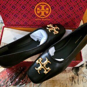 Tory Burch Eleanor Ballet Flats Black Leather Gold Logo Size 9 NEW